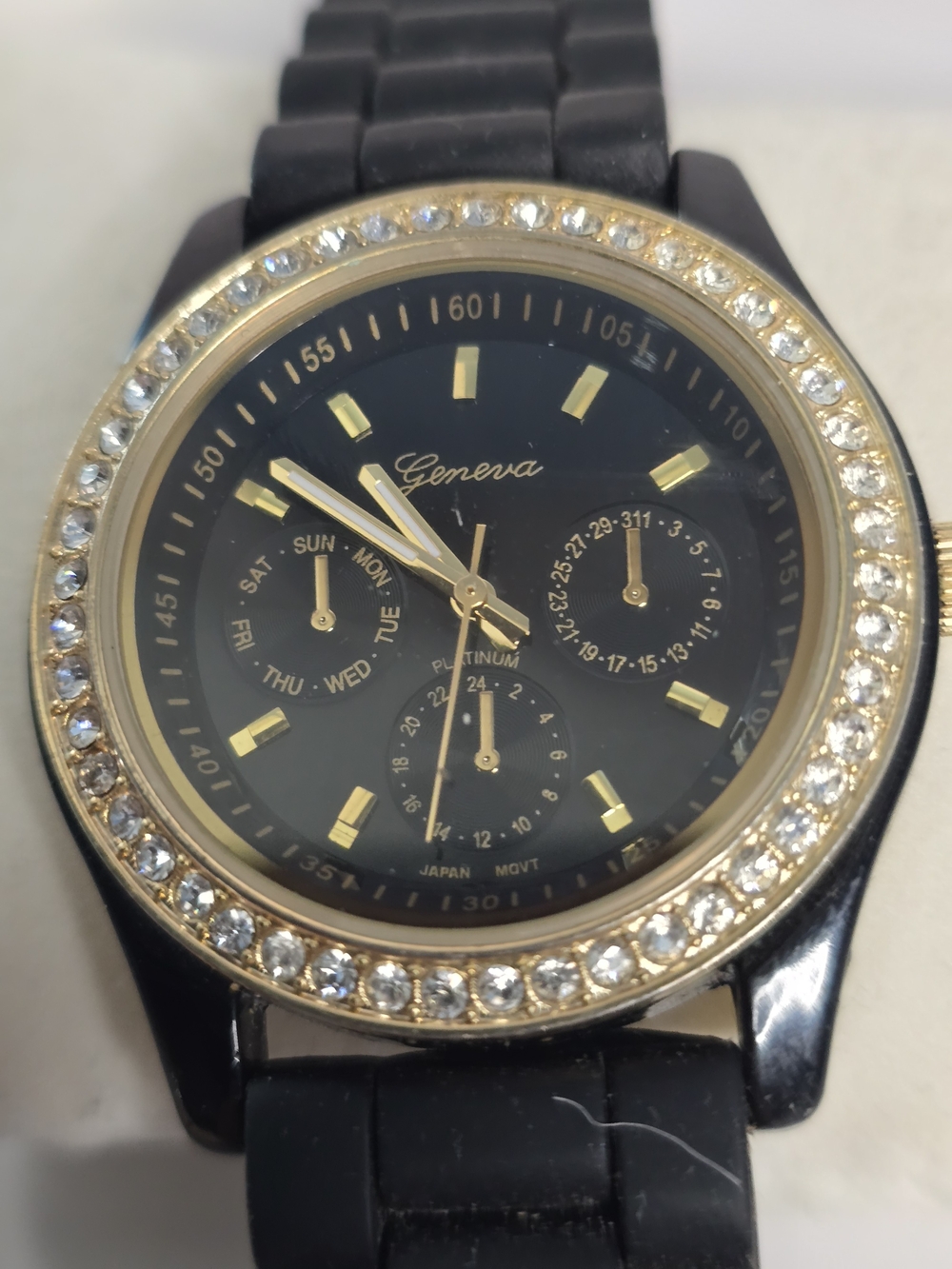 Geneva Black and Gold Crystal Bezel Women's Watch Silicon Band